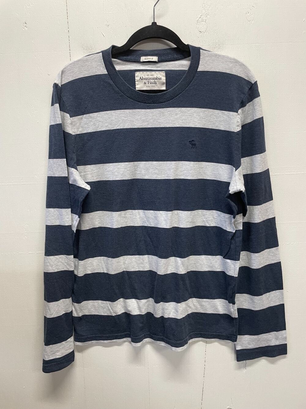 Abercrombie & Fitch Men's Shirt Muscle Long Sleeve Large Navy and Gray Striped